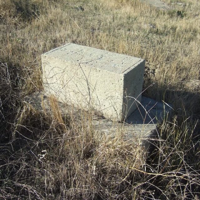 Pierre tombale de Piotr Zdziechowski aux bords simples, couvrant une chambre funéraire, sur une base en maçonnerie, entourée d'herbe sèche.