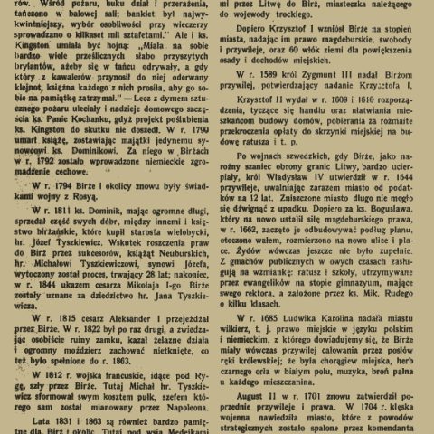 Page from a 1911 publication entitled 'Birże' with text describing the history and current state of the Lithuanian town of Birże, including references to historical figures and events.