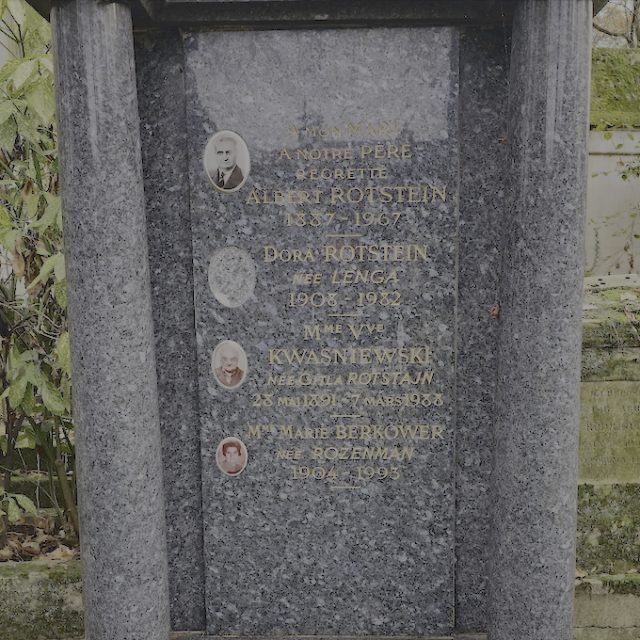 Gravestone of the Rotstein family with inscriptions for Albert Rotstein, Dora Rotstein, Gitla Kwasniewska, and Marie Rozenman. Includes portraits and dates of birth and death.