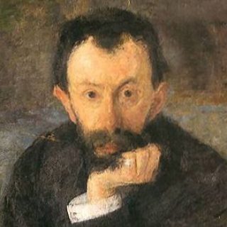 Portret mężczyzny o przenikliwym spojrzeniu, z podbródkiem opartym o zaciśniętą pięść, namalowany przez Olgę Boznańską. Tło to mieszanka stonowanych kolorów, podkreślająca zamyśloną ekspresję.