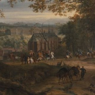 A painting depicting a rural landscape with a group of people on horseback and on foot travelling along a country lane. In the background, a church and buildings surrounded by trees can be seen.