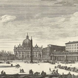 An illustration depicting St Peter’s Square in Rome, with St Peter’s Basilica in the background. The square is bustling with life; people and carriages can be seen, and an obelisk stands in the centre.