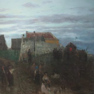 Obraz Maksymiliana Gierymskiego 'Szabat nad Wisłą' z 1871 roku. Przedstawia grupę Żydów modlących się nad Wisłą w Warszawie, w tle skromne domy, łodzie i pochmurne niebo.