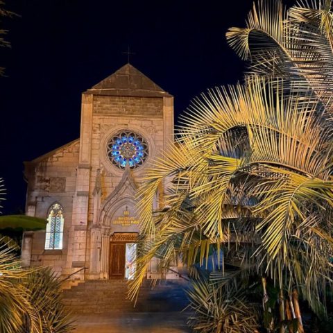 Église de l'Immaculée Conception à Yalta, Crimée, de nuit. La façade néo-gothique présente un portail en arc pointu et une rosace. Des palmiers et d'autres plantes exotiques entourent l'entrée.
