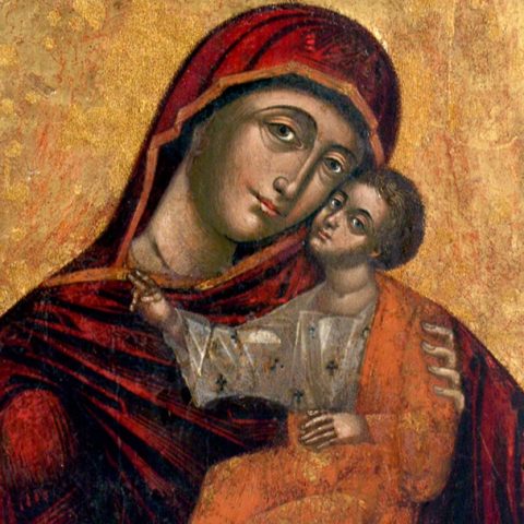 Icône de la Vierge Marie avec l'Enfant de l'église de l'Immaculée Conception à Kaštel Štafilić. Marie tient Jésus, qui lève les doigts en geste de bénédiction. Style byzantin avec fond doré.