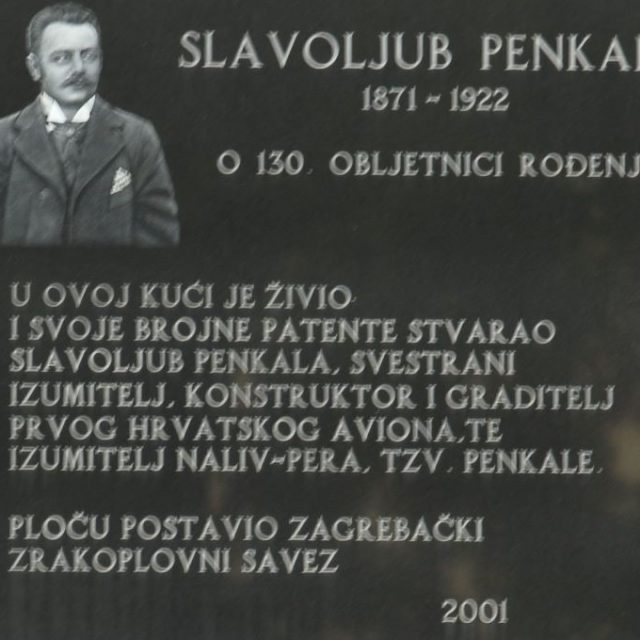Tablica pamiątkowa dla Slavoljuba Penkali, 1871-1922, z jego portretem i tekstem po chorwacku o jego wynalazkach i wkładzie, znajdująca się w Zagrzebiu.