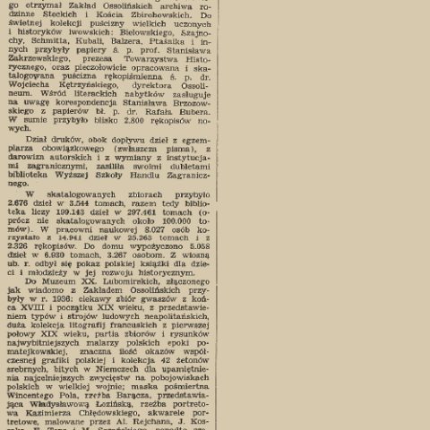 Page d'une publication de 1937 sur l'Institut national Ossoliński de Lviv, décrivant l'expansion de la collection en 1936, incluant des manuscrits, des archives familiales et des collections d'art.