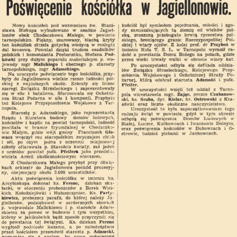 Artykuł prasowy zatytułowany 'Poświęcenie kościółka w Jagiellonowie' opisujący poświęcenie nowego kościoła w Jagiellonowie, obok Chodaczkowa Małego, w powiecie tarnopolskim, w 1938 roku.