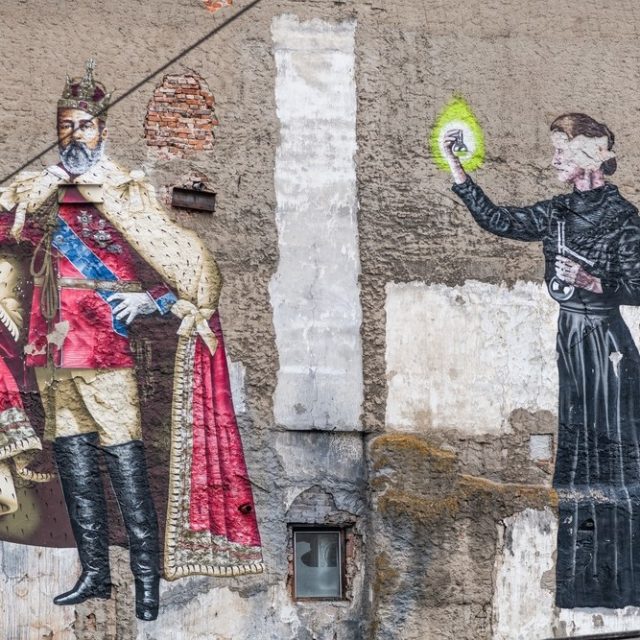 Mural with Marie Skłodowska-Curie in the centre of Olomouc