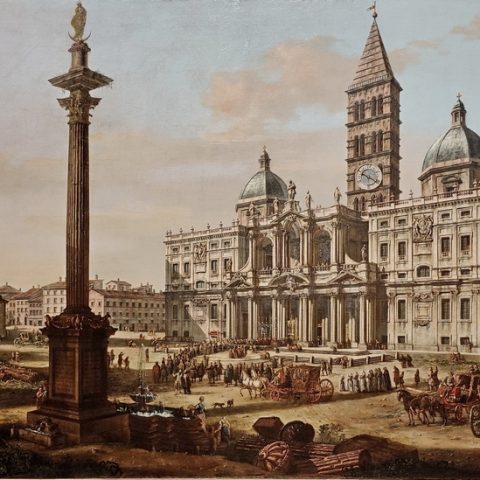 Obraz Bernarda Bellotta przedstawiający plac i bazylikę Santa Maria Maggiore w Rzymie. Scena zawiera tłum ludzi, powozy i kolumnę na pierwszym planie.