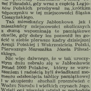 Newspaper clipping with the headline Jabłonków and a Polish article about the unveiling of a commemorative plaque for Józef Piłsudski.