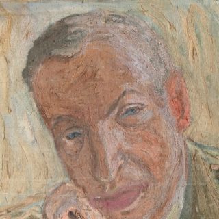 An oil portrait of a middle-aged man with short hair, resting his head on his right hand, wearing a green jacket and a shirt with a tie. The background is textured in earthy tones.