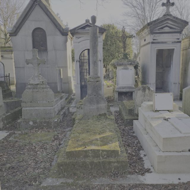 Tombstone of the Miaskowski family with stepped plinth and tall column surmounted by an urn. Visible inscriptions on the column and base. Traces of a former fence.