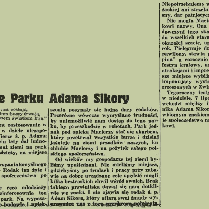 Article de journal de 1935 sur le 25e anniversaire du parc Adam Sikora à Cieszyn, comprenant des informations sur le festival à venir et l'inauguration de la statue d'A. Sikora.