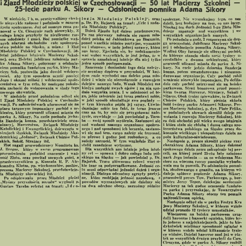 Page du journal "Dziennik Polski" de Český Těšín datant de 1935, décrivant l'inauguration du monument d'Adam Sikora et le 25e anniversaire du parc portant son nom. Contient des informations sur le Rallye de la jeunesse polonaise en Tchécoslovaquie.