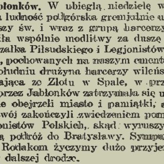 A fragment of a newspaper from 1935 recalling a mass for Marshal Pilsudski and the Polish Legionaries in Jablunkov, followed by a visit to the Legionaries' monument and a trip to Bratislava.