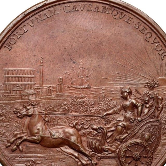 Le revers de la médaille représente la fuite de Marie-Clémentine à Rome. Une femme conduit un char attelé à deux chevaux, symbolisant sa fuite. À l'arrière-plan, on aperçoit des monuments romains, tels que le Colisée et la colonne de Trajan.