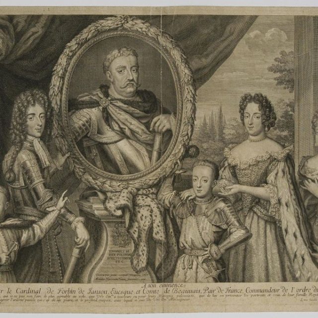 Illustration représentant un groupe de personnes élégamment vêtues entourant un grand portrait d'un homme en tenue royale. La scène met en scène des hommes en armure et des femmes en robes somptueuses, sur fond de rideaux et de paysage.