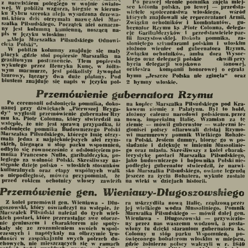 Article de presse intitulé "Monument au maréchal Piłsudski dans la Ville éternelle" décrivant la cérémonie d'inauguration du buste de Piłsudski à Rome, notamment les discours du gouverneur de Rome et du général Wieniawa-Długoszowski.