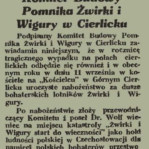 Note de 1938 du Comité pour la construction du monument Żwirki i Wigury à Cierlicek, rapportant le service et le dépôt d'une couronne pour les pilotes à Upper Cierlicek.