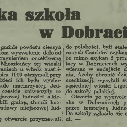 Article de journal intitulé "École polonaise à Dobracice" évoquant la création d'une école polonaise à Dobracice, en République tchèque, en 1938, avec un contexte historique et la mention de l'inscription de 127 enfants.