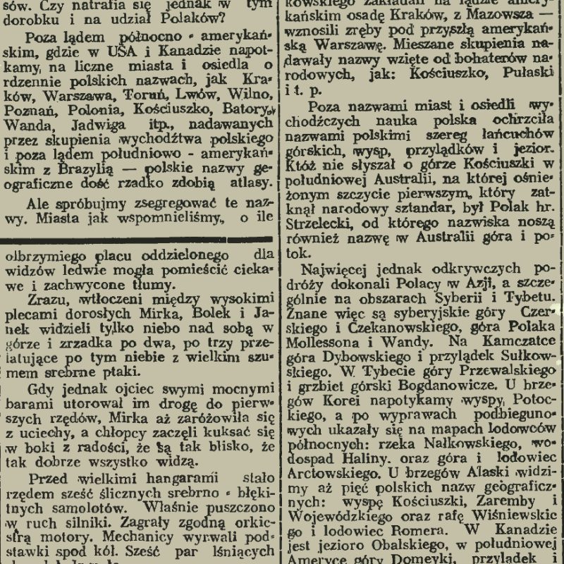Article de presse intitulé "Polish names on the globe" datant de 1938, traitant des lieux géographiques et des monuments portant le nom de voyageurs et d'artistes polonais, avec texte en polonais.