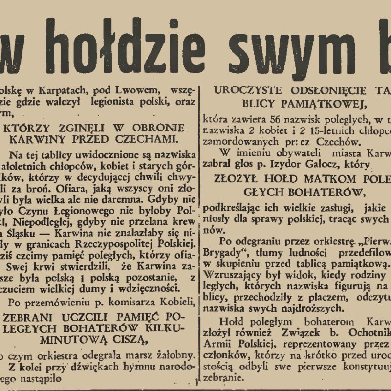 Press article entitled 'Karviná in tribute to its heroes' from 1939, describing a ceremony in Karviná to unveil a memorial plaque to those who died in the defence of Silesia. It includes speeches by Z. Kobiela and I. Galocz.