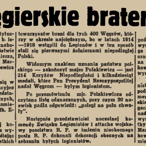Article de presse intitulé "Fraternité d'armes polono-hongroise" évoquant les célébrations à Budapest en l'honneur des légionnaires polonais et une plaque pour J. Piłsudski.