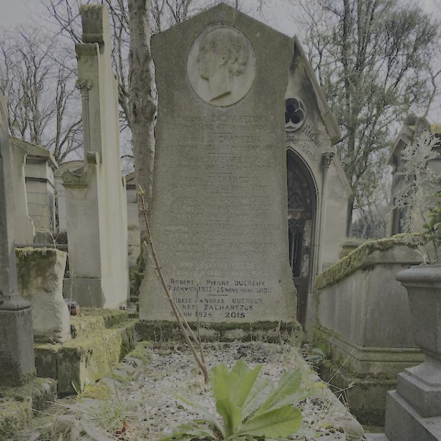 Pierre tombale de la famille Zacharezuk avec une haute stèle à l'extrémité triangulaire et un profil féminin en relief. Inscription visible sur la stèle. Tombes environnantes et végétation.