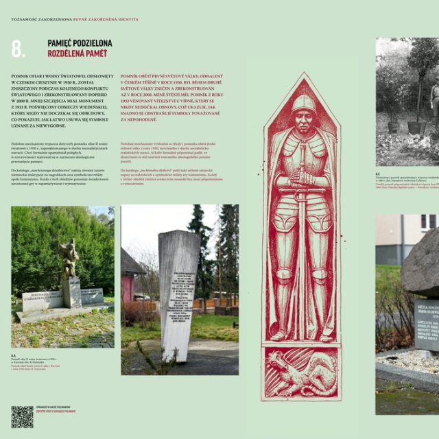 Kolaż pomników II wojny światowej na Śląsku Cieszyńskim. Zawiera monument z reliefem żołnierza, kamienny pomnik z inskrypcjami oraz grób z kwiatami i dwiema statuami. Teksty po polsku i czesku opisują historię i znaczenie.