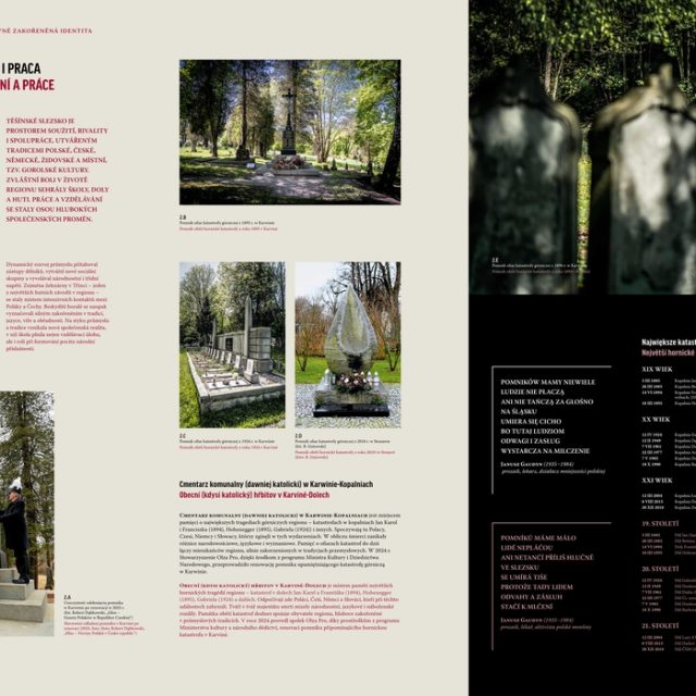 Un collage d'images représentant des monuments commémoratifs dédiés aux catastrophes minières dans la partie tchèque de la Silésie de Cieszyn. On y voit notamment un cimetière avec des pierres tombales et une croix, ainsi qu'un monument portant des inscriptions.