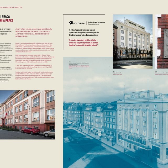 Collage représentant l'hôtel Piast à Český Těšín avec ses pilastres cannelés et ses balcons. Inclut des photographies historiques et une plaque sur un mur de briques. Un texte en polonais et en tchèque évoque l'histoire de l'hôtel.
