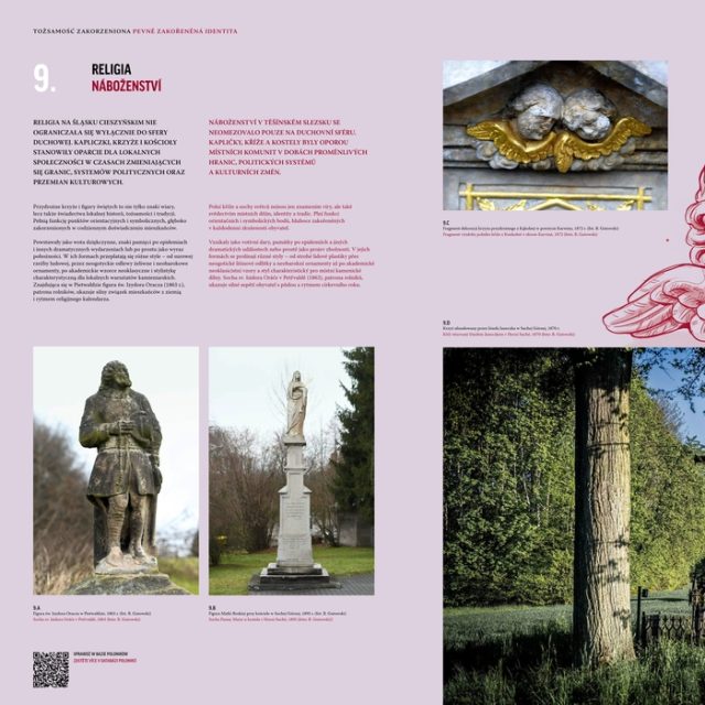 Collage représentant des symboles religieux à Cieszyn en Silésie. On y trouve une statue en pierre d'un saint, une figure mariale et une croix de chemin dans un champ. Le texte en polonais et en tchèque traite de l'identité religieuse.