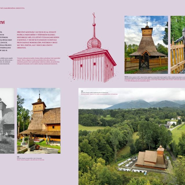 Collage of images related to Corpus Christi Church in Guty. Includes historical and modern photos of the wooden church, a drawing of the church, and a view of the surrounding landscape.