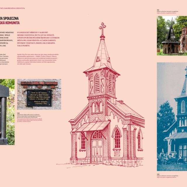 Illustration and photos of the Evangelical cemetery in Karviná. Includes a drawing of the chapel, a photo of the chapel in disrepair, a historical photo, and a tombstone with inscriptions.