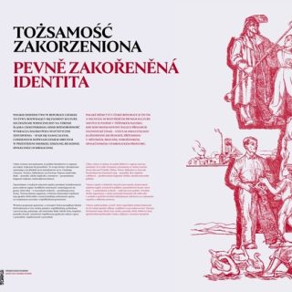 Plakat wystawy zatytułowany 'Tożsamość zakorzeniona' w języku polskim i czeskim, z czerwonymi ilustracjami postaci historycznych i scen przemysłowych.