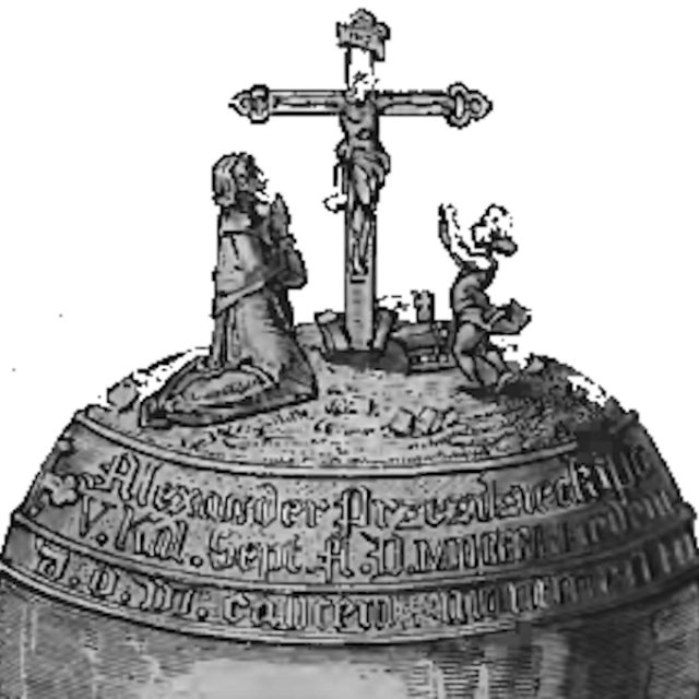 Illustration du couvercle d'une boîte de style byzantin destinée à recevoir le Saint-Sacrement. Il représente une croix avec le Christ, un saint Gilles agenouillé et un enfant aux mains levées. Inscription : Alexander Przezdziecki.