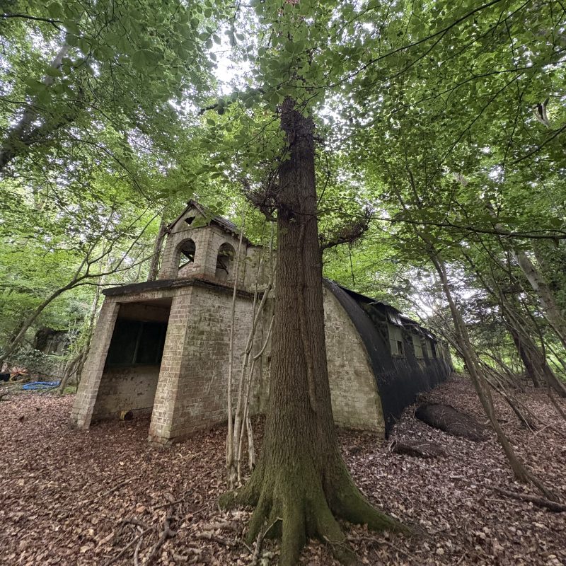 Cabane Nissen abandonnée dans une forêt, faisant partie de l'ancien camp de guerre polonais de Checkendon. La structure est entourée d'arbres et recouverte de feuilles mortes.