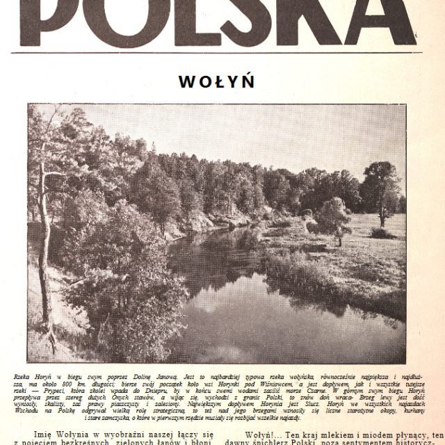 Okładka czasopisma 'Polska' z 5 kwietnia 1936 roku, poświęconego Wołyniowi. Zawiera zdjęcie krajobrazu rzeki Horyń otoczonej drzewami. Tytuł 'Wołyń' jest wyraźnie widoczny.