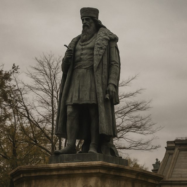 Brązowa statua Mirona Costina w Jassach, przedstawiająca go stojącego w tradycyjnym stroju z futrzanym płaszczem i czapką. Statua stoi na kamiennym cokole, otoczona nagimi drzewami i pochmurnym niebem.