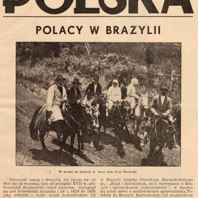 Couverture du magazine "Polska" de 1937 avec le titre "Poles in Brazil" et une photographie en noir et blanc de personnes à cheval dans un cadre rural.