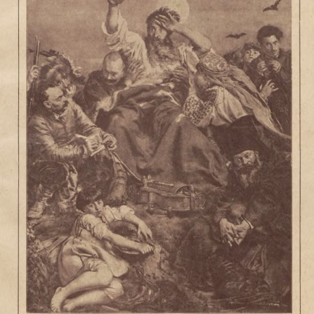 Cover of 'News from Poland', October-November 1928, showing a group of people in dramatic poses, with a central figure raising his hand. The scene is surrounded by bats in the sky.