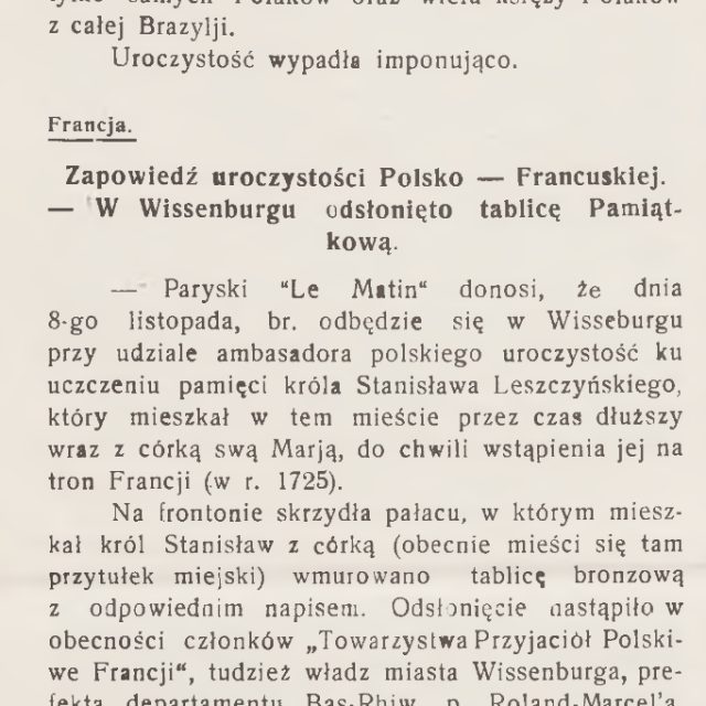 Strona z czasopisma 'Wieści z Polski' z 1931 roku, zawierająca artykuły o poświęceniu kościoła w Orleansie i odsłonięciu tablicy dla króla Stanisława Leszczyńskiego w Wisseburgu.