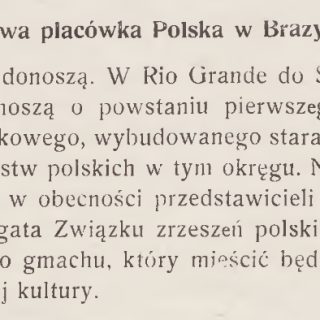 Strona z czasopisma 'Wieści z Polski' z artykułem o otwarciu pierwszego Polskiego Domu Związkowego w Rio Grande do Sul, Brazylia, w 1932 roku.