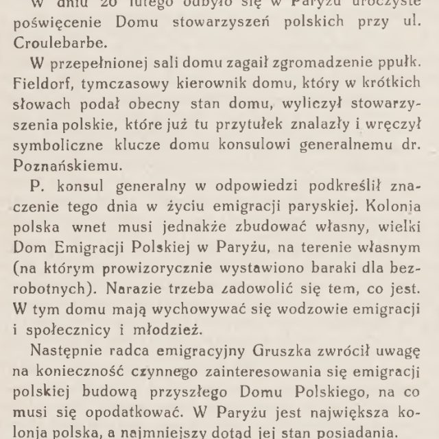 Strona z czasopisma 'Wieści z Polski' opisująca poświęcenie Domu Polskiego w Paryżu w 1932 roku. Tekst zawiera szczegóły uroczystości i przemówienia liderów polonijnych.