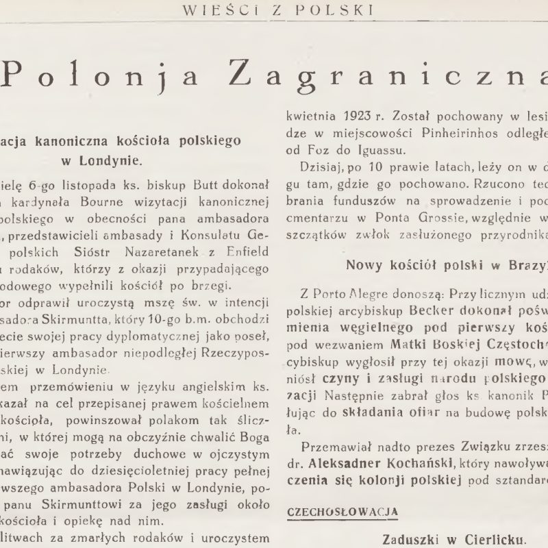 Page from 'Wieści z Polski' magazine, 1932, describing the canonical visitation of the Polish church in London and the cornerstone laying for the first Polish church in Porto Alegre, Brazil.