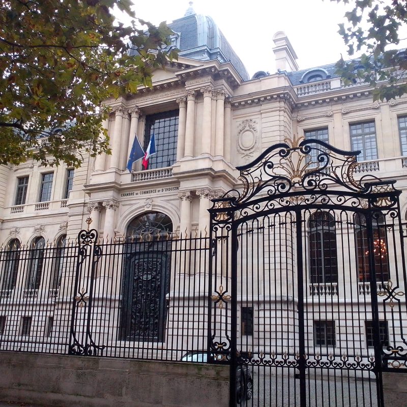 Façade de l'hôtel Potocki à Paris avec, au premier plan, une grille en fer ornée. Le bâtiment présente une architecture classique avec des colonnes et des drapeaux français au-dessus de l'entrée.