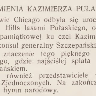 Texte tiré du magazine polonais "Wieści z Polski" concernant la cérémonie de dénomination d'une forêt près de Chicago en l'honneur de Casimir Pulaski et le dévoilement d'une plaque commémorative.