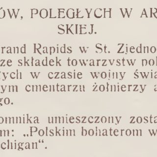 Text from the magazine 'Wieści z Polski' about a monument in Grand Rapids commemorating Polish soldiers killed in the US Army. Inscription in Polish and English: 'To the Polish heroes of the World War - Grand Rapids, Michigan.'