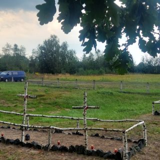Graves of Polish Legions soldiers fallen in 1915, marked by birch crosses and surrounded by a rural landscape with trees and a parked van in the background.